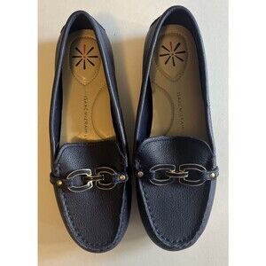 Isaac Mizrahi Live Shoes Imready Women's 7W Blue Leather Loafers Gold Accents